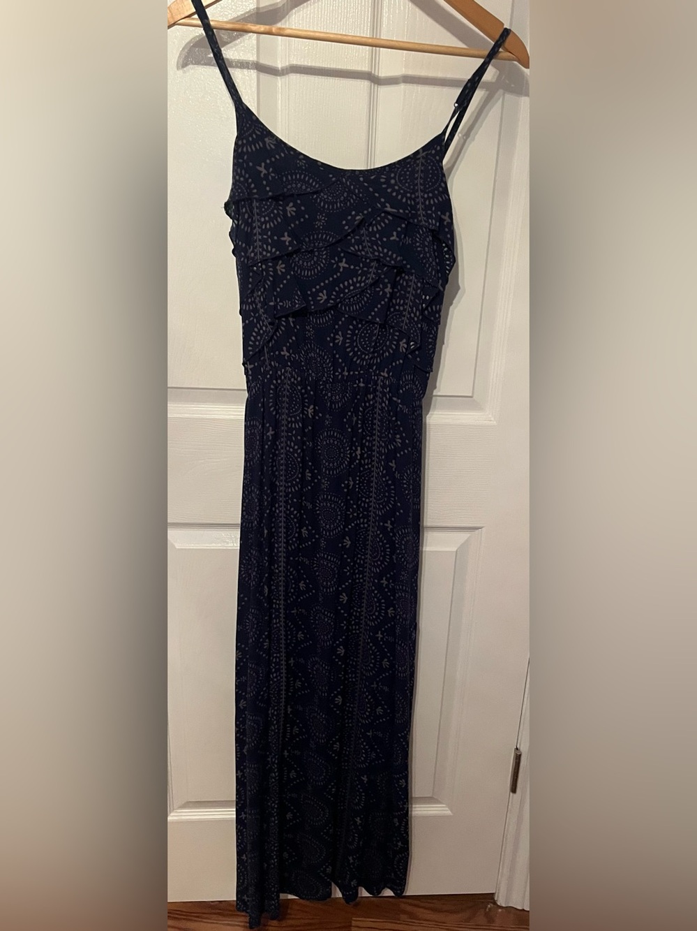 George Navy Blue Printed Ruffle Maxi Dress Spaghetti Strap Size Small